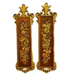 Syroco vintage ‘70s pair of Gold Flowers And Fruit Deco Wall Plaques.